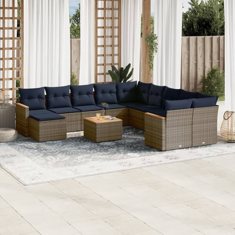 vidaXL 11/12 Piece Patio Sofa Set with Cushions Black/Gray Poly Rattan - 24.4 x 24.4 x 27.2 - Gray With table