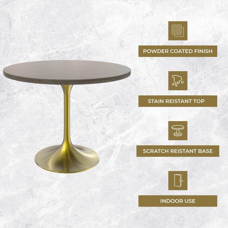 LeisureMod Verve 36" Round Dining Table with MDF Wood TableTop and Brushed Gold Base for Kitchen & Dining Room
