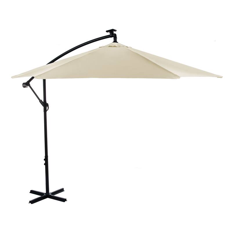 Glam 10-foot Solar LED Cantilever Umbrella with Base (UV 50+) - Canvas Stone