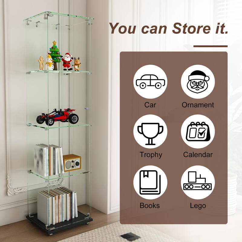 Roomfitters Glass Display Cabinet with Lighting, 4 Tier Curio Case for Collectibles, Floor Standing Showcase, Black