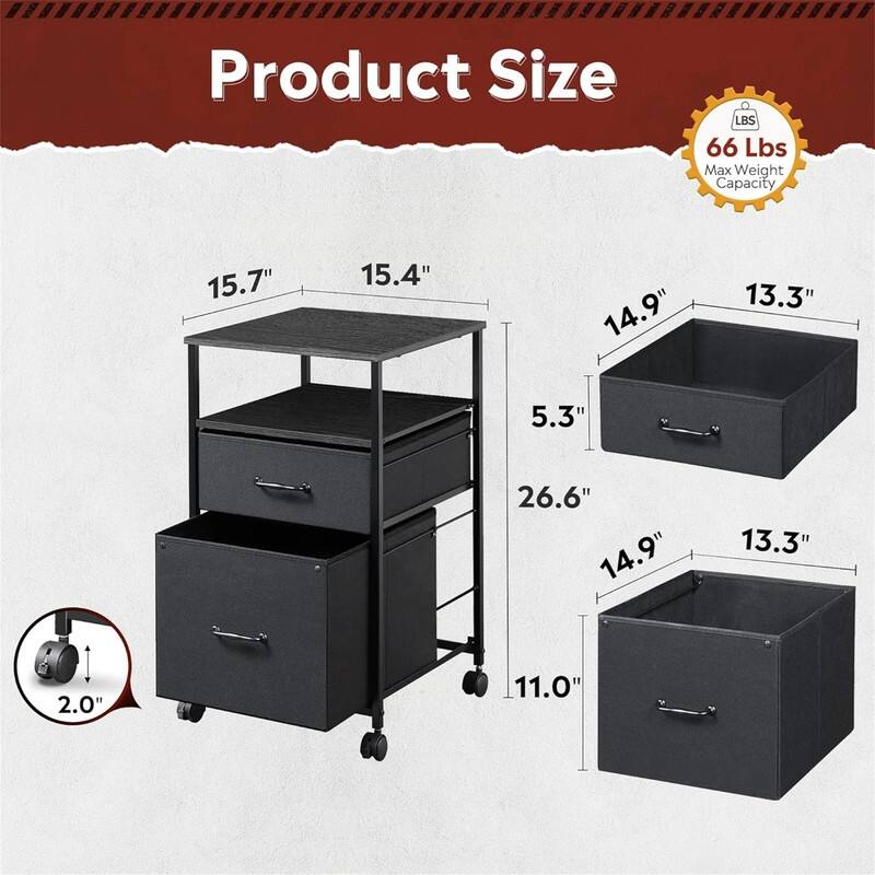 2 Drawer Mobile File Cabinet - 15.7"D x 15.4"W x 26.8"H