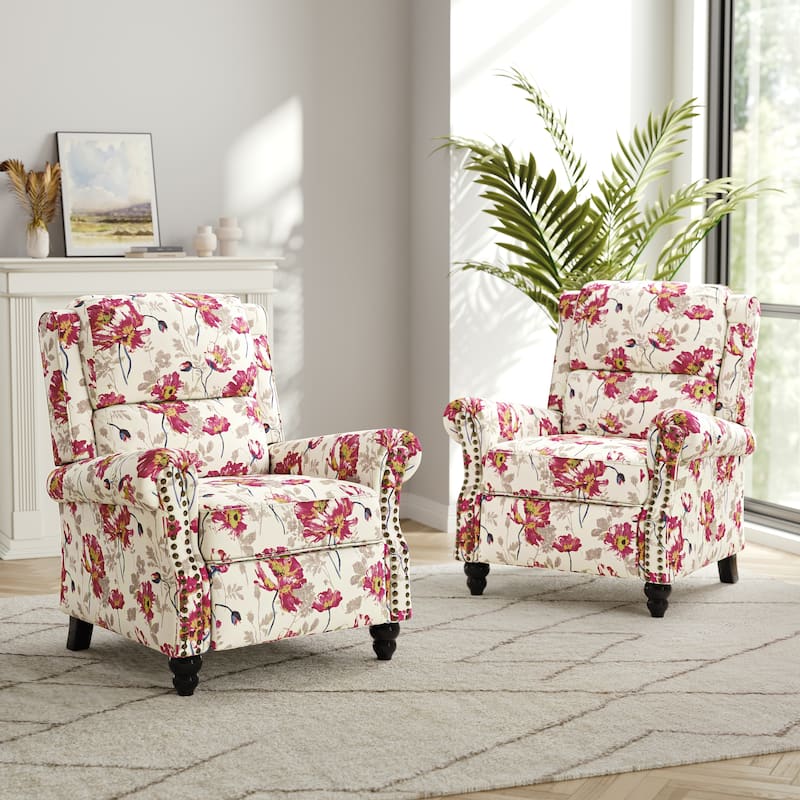 Nail-head Padded Seat Pushback Recliner Chair - Pattern White-Set of 2 - Linen