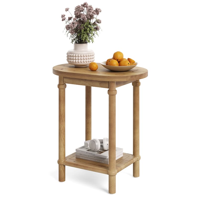 2-Tier Solid Wood End Table with Storage Shelves, Side Accent Table Nightstand for Living Room Bedroom