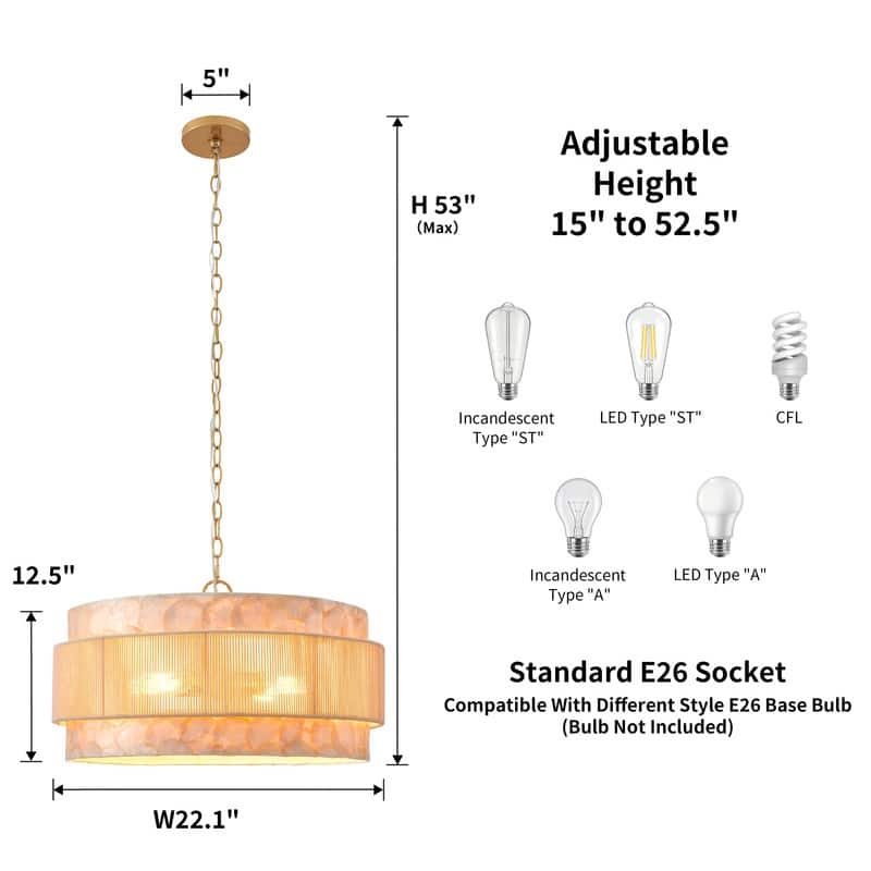 KAWOTI 3-Tire Seashell Pendant Light with Cotton Rope Shade