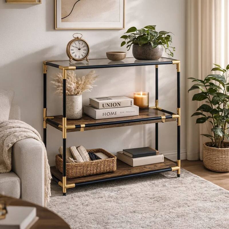 Rechange Glass Top Console Table Metal Tubular Framing and Wooden Shelves, Black and Brown