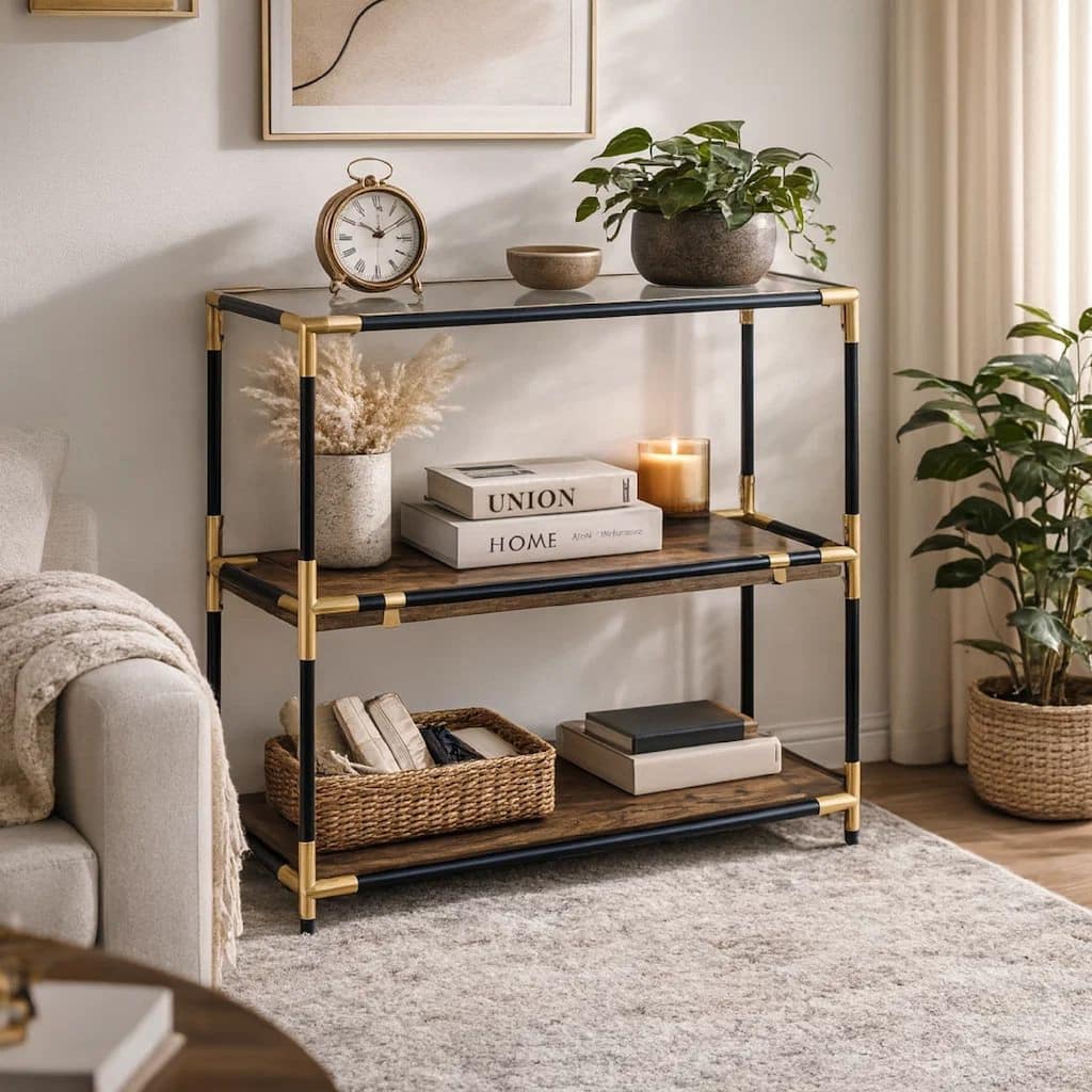 Rechange Glass Top Console Table Metal Tubular Framing and Wooden Shelves, Black and Brown