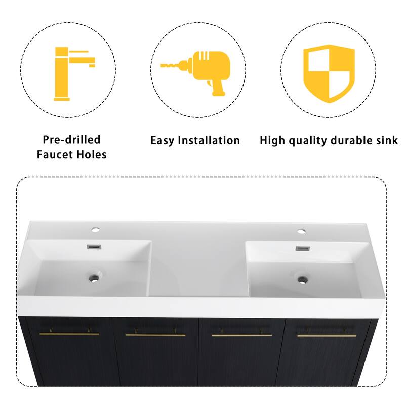 60 inch Plywood Freestanding Bathroom Vanity with Resin Double Sink - 60" x 18" x 35"