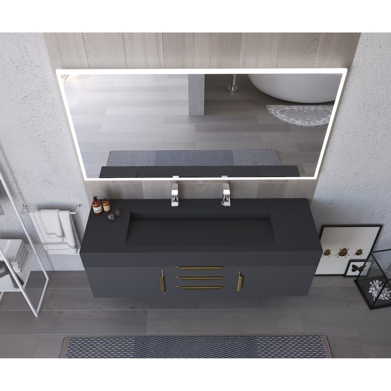 Nile 60" Wall Mounted Bathroom Vanity Set w/ Black Top