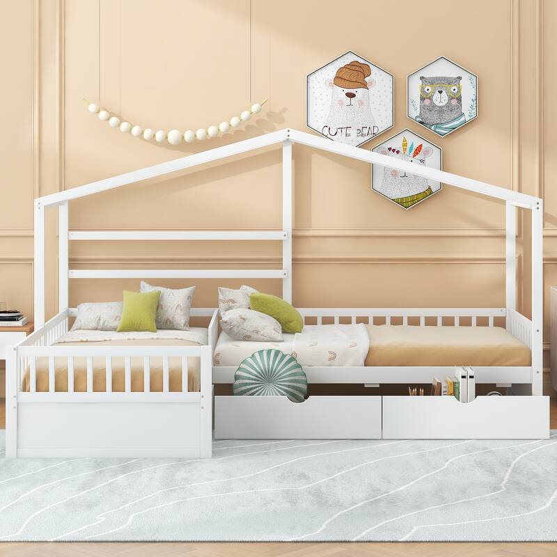 Roomfitters Twin House Platform Bed with Roof-Inspired Frame and Three Underbed Compartments