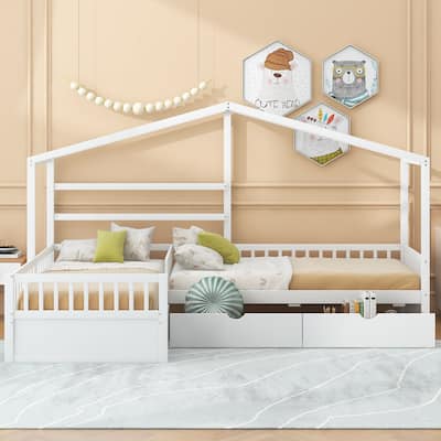 Twin Size Kids House Bed Double Shared-Bed, L-Shaped Pine Wood Platform Bed with 3 Storage Drawers for Boys Girls