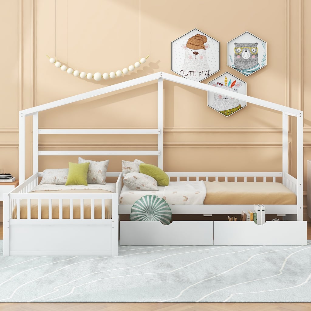 Twin Size Kids House Bed Double Shared-Bed, L-Shaped Pine Wood Platform Bed with 3 Storage Drawers for Boys Girls