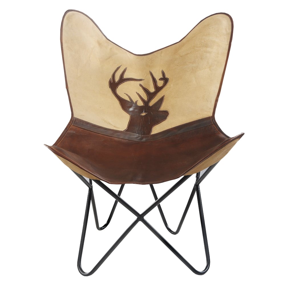 37" Brown and Off-White Deer Faux Leather Sling-Style Butterfly Chair
