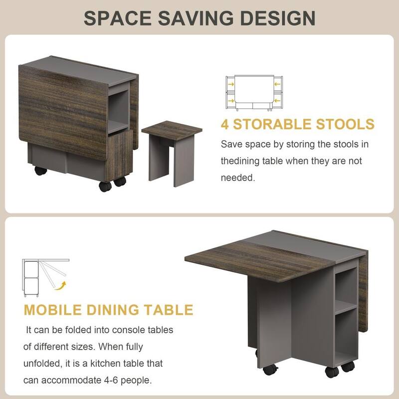 Modern 5-piece Wood Extendable Dining Set with 55'' Drop Leaf Table and 6 Wheels