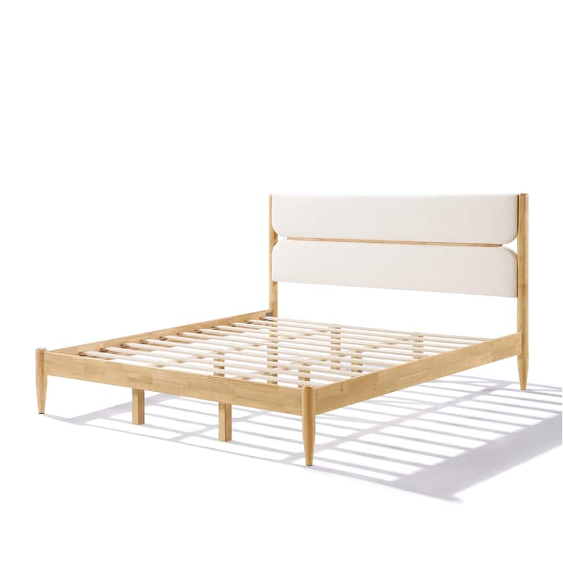 Roomfitters King Size Solid Wood Platform Bed Frame with Upholstered Fleece Headboard, Ivory