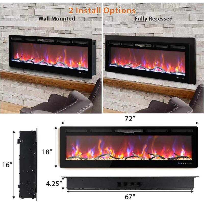 Recessed or Wall Mounted Electric Fireplace, WiFi & Alexa, Led Touch Screen