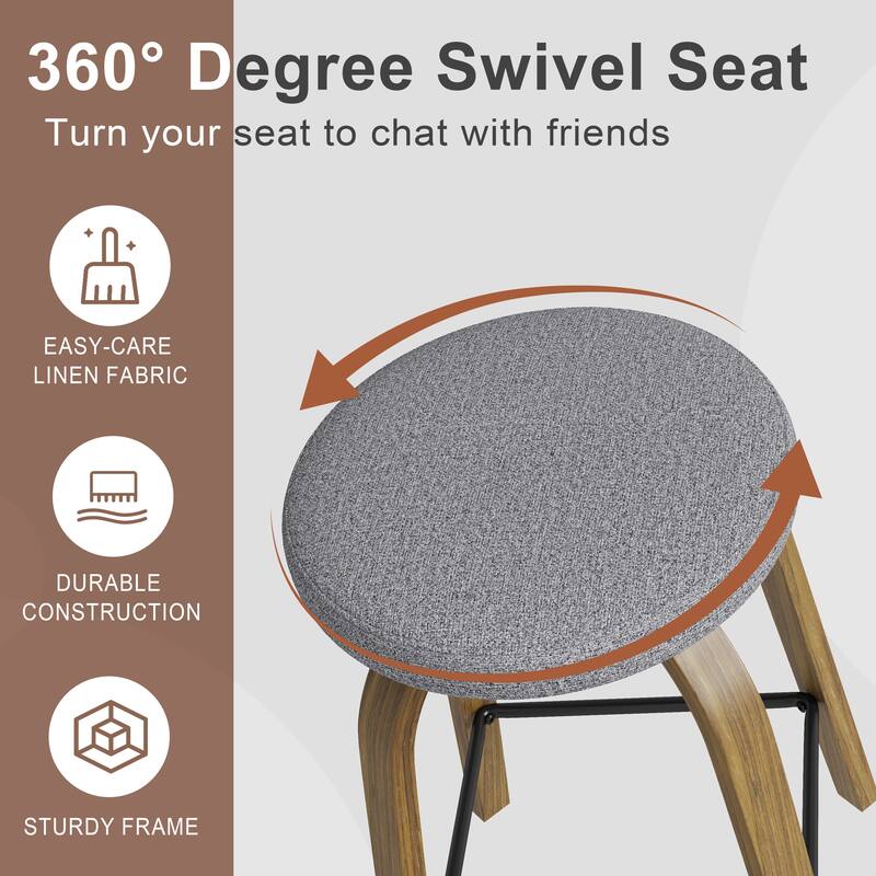 Swivel Bar Stools Set of 2, Bar Height Backless 30″Bar Stool, Fabric Upholstered Seat, Sturdy Wood Legs and Metal Footrest