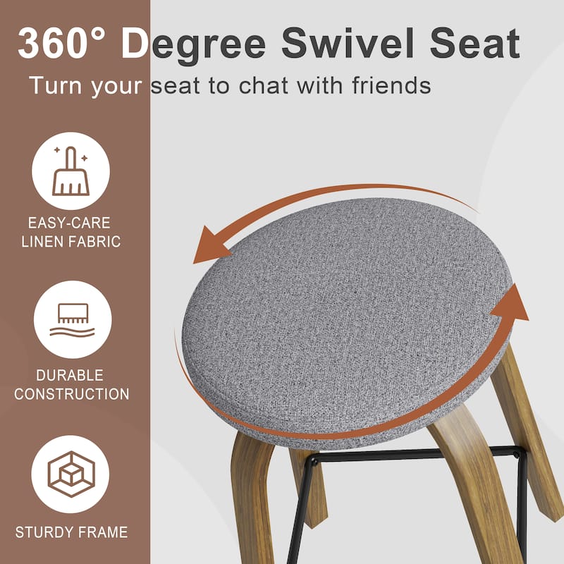 Swivel Bar Stools Set of 2, Counter Height Backless 26″Bar Stool, Fabric Upholstered Seat, Sturdy Wood Legs and Metal Footrest