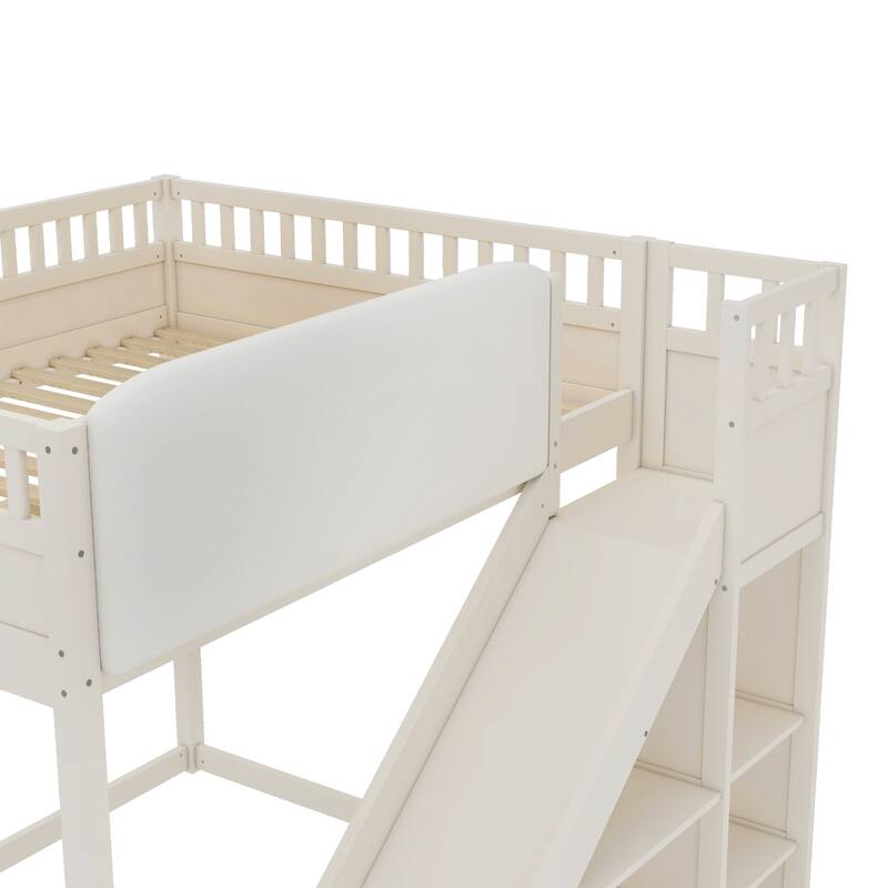 Minimalist Wood Loft Bed Frame with Upholstered Headboard, Storage Open Shelves, Safety Guardrails, Ladder and Slide for Kids