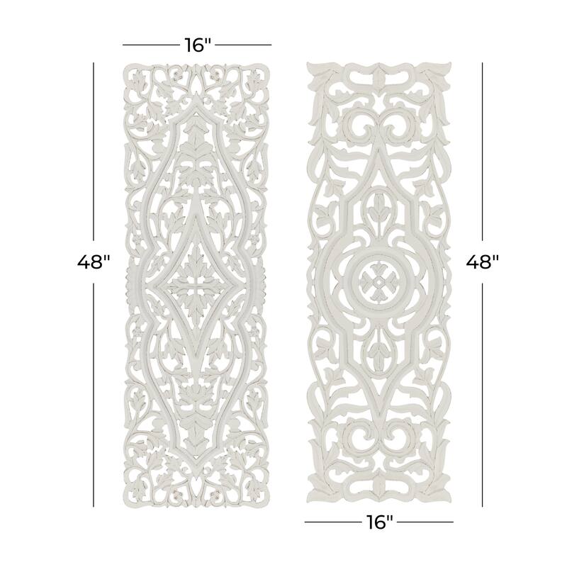 White Wood Handmade Intricately Carved Arabesque Floral Home Wall Decor (Set of 2)