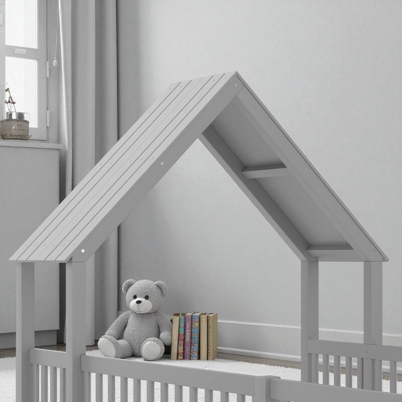 Twin/Full Size House Floor Bed with Door and Guardrails, Double Twin/Full Solid Wood Montessori Bed for Kids