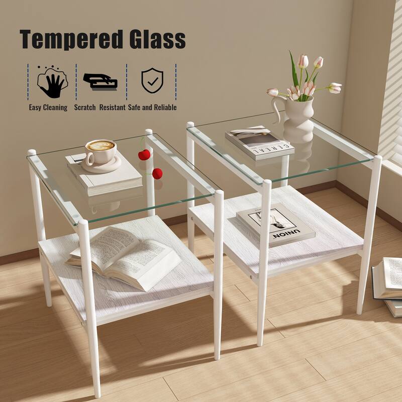 Set of 2 Rectangle End Table, Tempered Glass Tabletop with MDF layer, Modern Table for Living Room, Transparent Glass