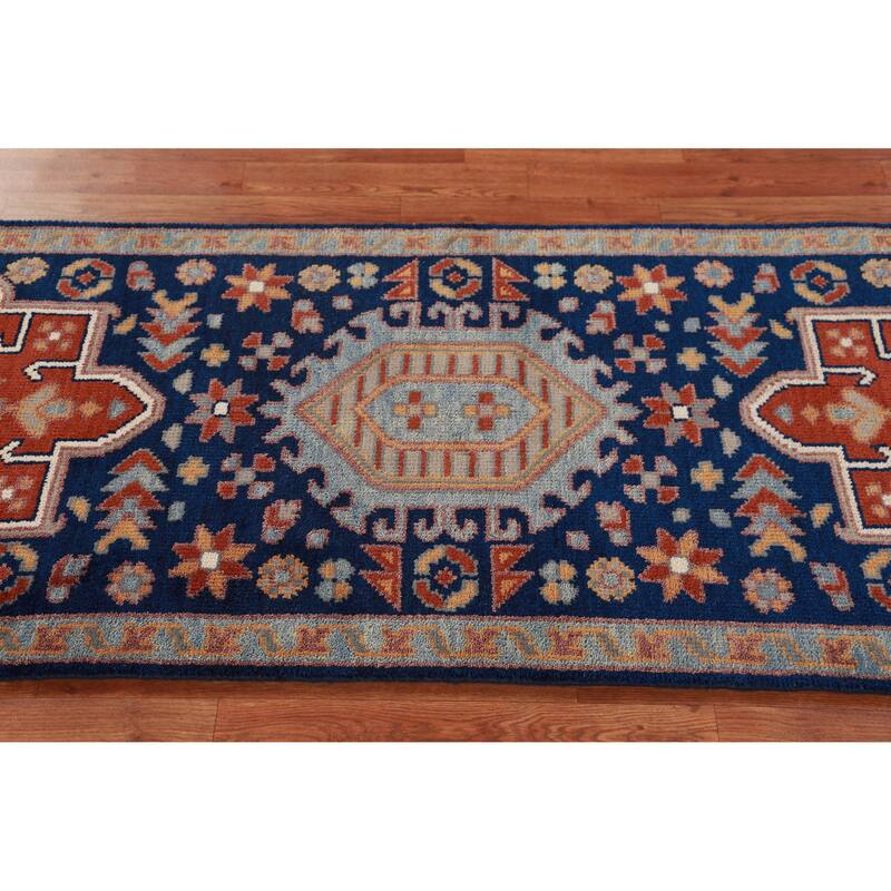 Hand Knotted Oriental 100% Wool Carpet Traditional Geometric Navy Blue & Blues Kazak Runner Rug - 7' 9'' X 2' 7''