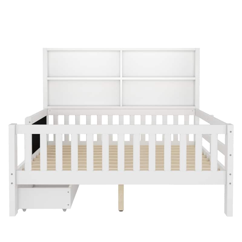 Childlike Fun Solid Wood Low-profile Platform Bed Storage Bed Frame with Side Chalkboard, Open Shelves, Drawers and Guardrails
