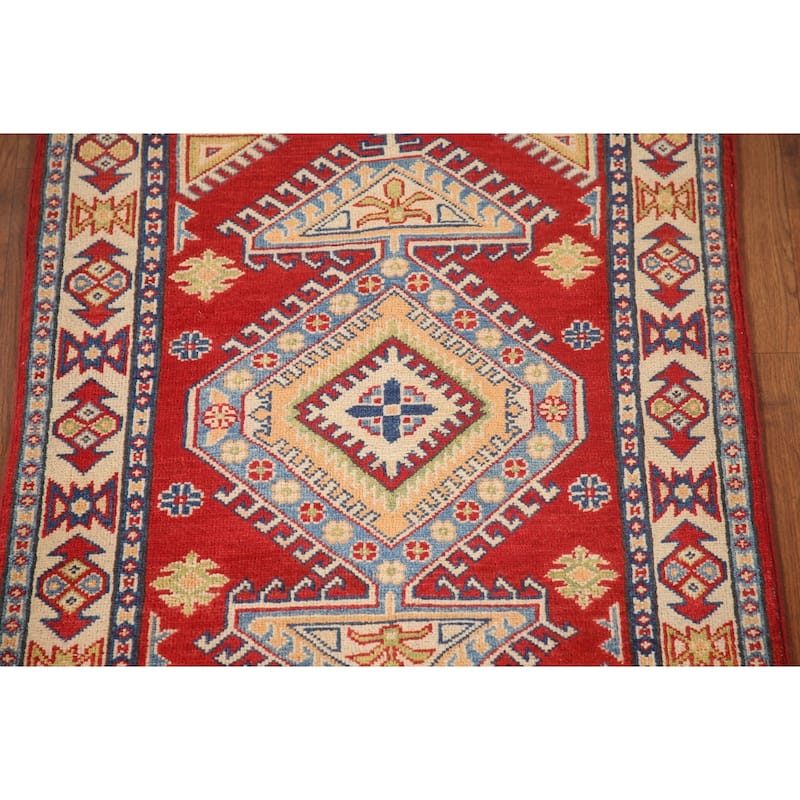 Geometric Kazak Oriental Accent Rug Hand-Knotted Red Wool Carpet - 2'7"x 3'8"