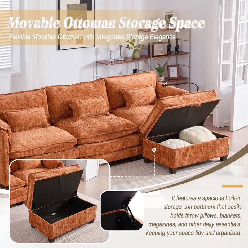 Modern Chenille Chaise Couch L-shaped Sectional Sofa with Storage Ottoman, Phone Holder, USB/Type-C Ports and Side Pockets