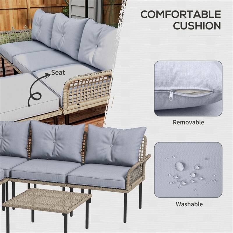 5-Piece Outdoor Patio Furniture Set PE Rattan Chairs Stool and Coffee Table with Cushions for Garden Balcony Porch