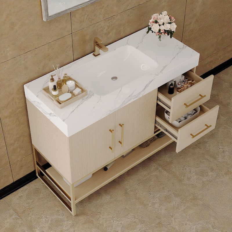 36 Inch Modern Bathroom Vanity with Seamless Ceramic Sink, Freestanding Cabinet with Gold Accents and Storage