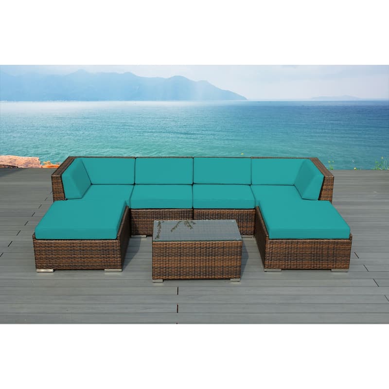 Ohana Outdoor Patio 7-piece Mixed Brown Wicker Conversation Set - No Assembly - Sunbrella Aruba