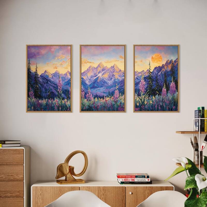 Purple Sunset Mountain Landscape Framed Canvas Wall Art Set