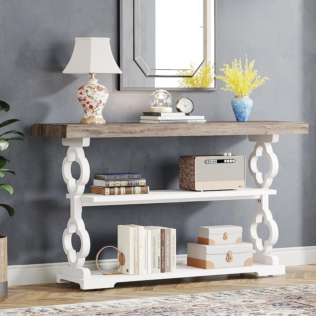 Farmhouse Console Table, 3 Tier Entryway Sofa Table Narrow Long, 55-inch Accent Table for Hallway, Grey