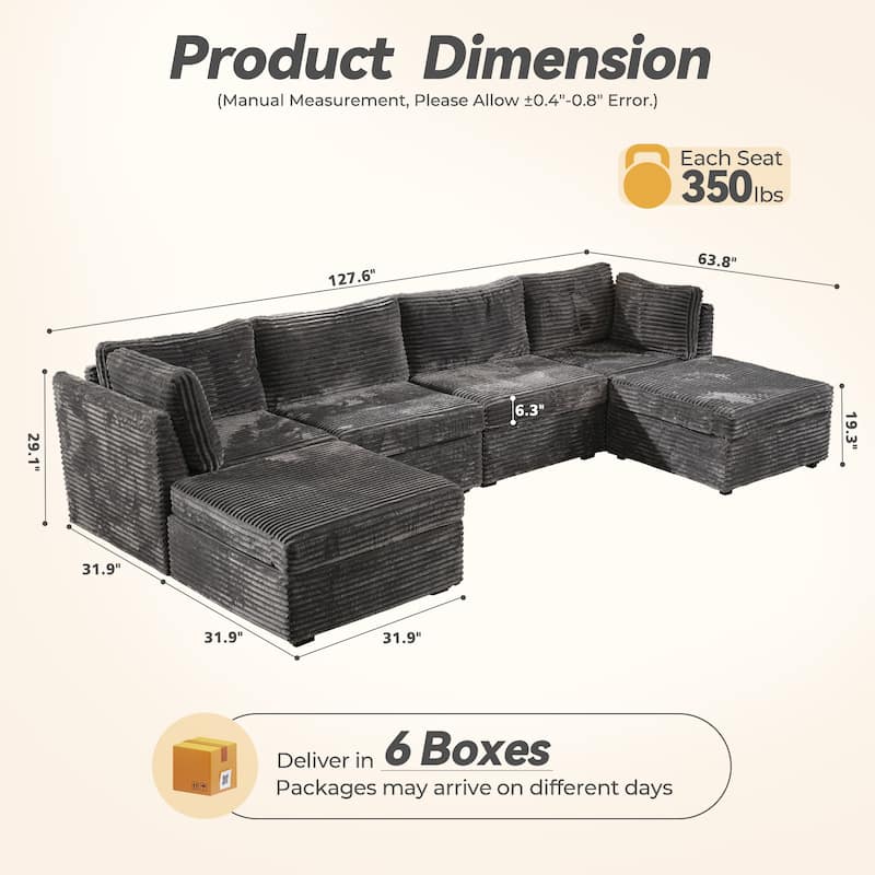 HOOOWOOO Modular U-shaped Corduroy Fabric Sectional Sofa Couch with Ottoman