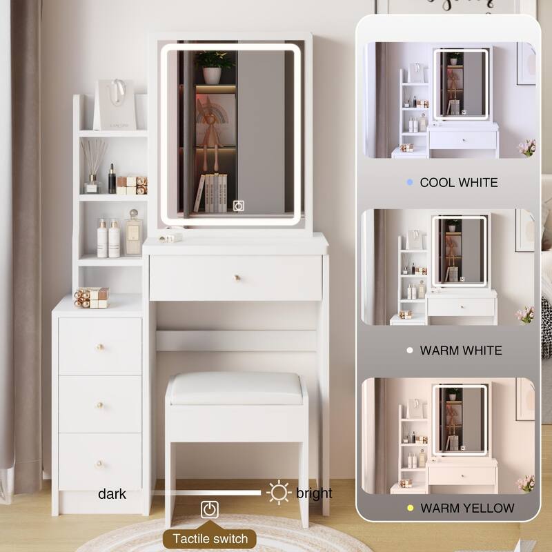 29.2" Small Size Left Bedside Cabinet Vanity Table + Cushioned Stool