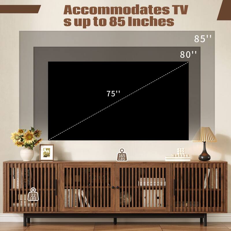 Slatted Door Design TV Cabinet TV Stand for TVs up to 85", Solid Wood Legs, Walnut