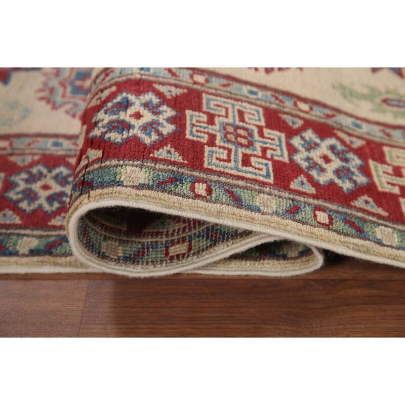 Hand Knotted Oriental 100% Wool Carpet Traditional Geometric Beige & Ivories Kazak Runner Rug - 8' 5'' X 2' 9''