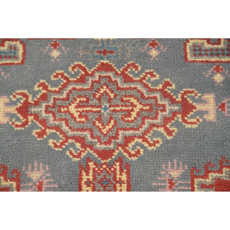Gray Geometric Kazak Accent Rug Hand-Knotted Oriental Wool Carpet - 2'11"x 5'1"