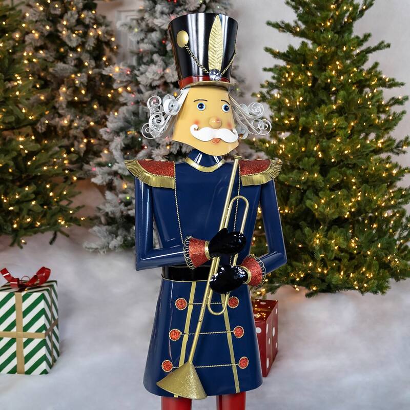 Iron Christmas Blue Nutcracker "Harold" Holding Trumpet - 16.9"x15"x59"