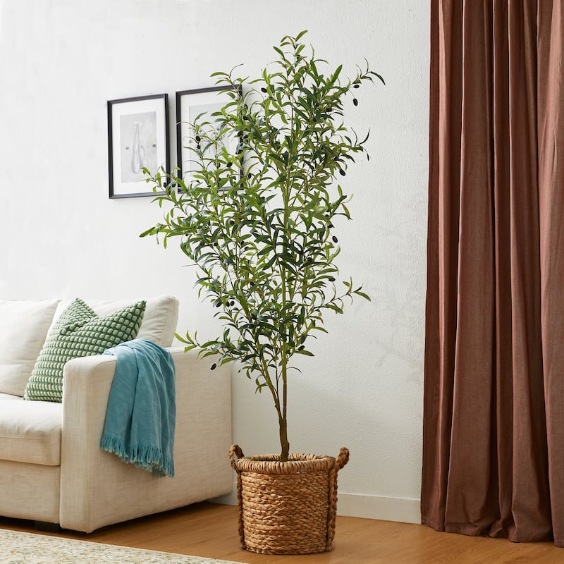 Glitzhome 6ft Faux Olive Tree with Black Pot Real Touch Artificial Plant