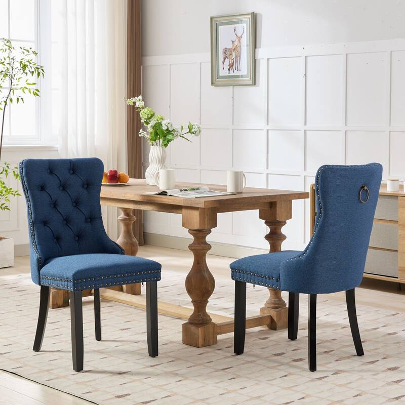 Set of 2 Linen Upholstered Dining Chair with Wood Legs, Nailhead Trim