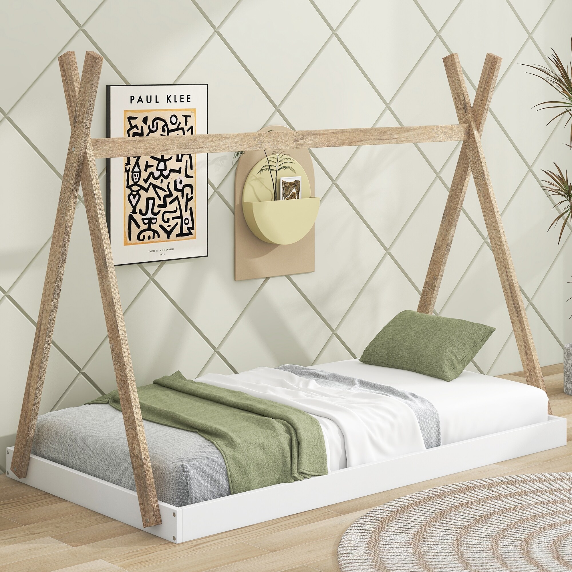 Twin Floor Bed for Kids Teepee Bed Frame with Triangle Structure