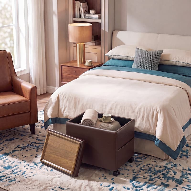 Adeco 16" W Upholstered Rectangle Storage Ottoman with Tray and Pocket