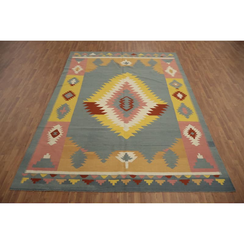 Hand Woven Oriental 100% Wool Carpet Southwestern Tribal Greys & Charcoal Kilim Area Rug - 12' 1'' X 8' 7''