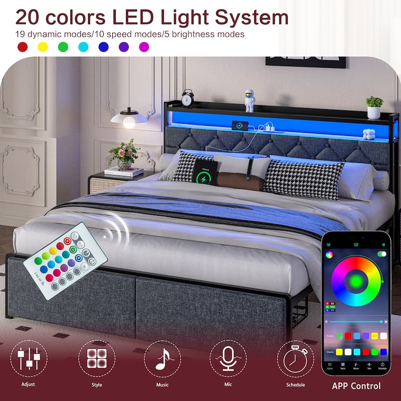 Queen Size Upholstered Bed with Storage Drawers, LED Headboard & USB Ports - Modern Fabric Platform Bed