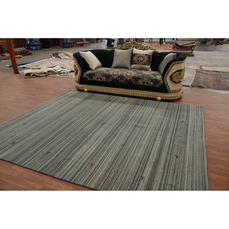 Hand Knotted Oriental 100% Wool Carpet Tribal Animal Pictorial Greys & Charcoal Gabbeh Area Rug - 9' 9'' X 8' 2''