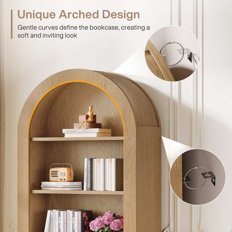 70.9" Arched Tall Bookshelf with Open Shelves for Living Room