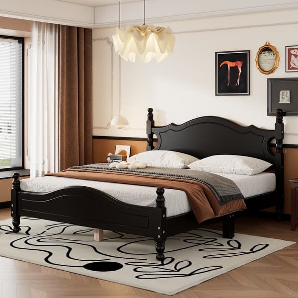 slide 2 of 25, Queen Size Retro Wood Platform Bed Frame with Wooden Slat Support, No Box Spring Required Black - Queen