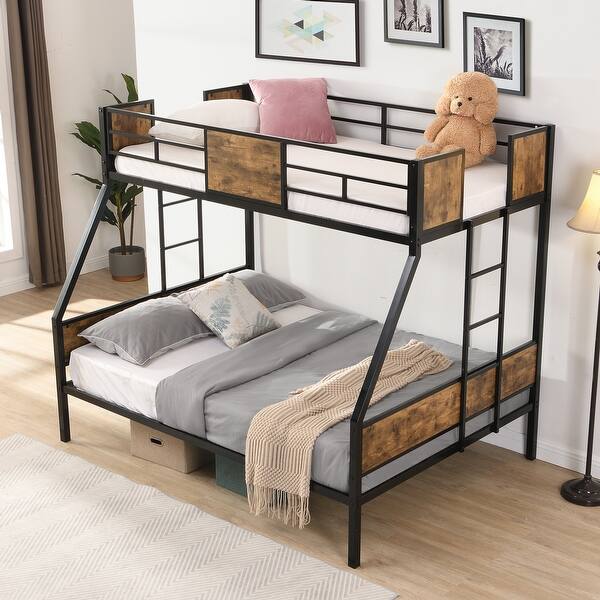 slide 2 of 7, Black+Brown Twin over Full Metal Bunk Bed with Trundle 2 - Side Ladder, Full-Length Guardrail and Large Under Bed Storage Black+Brown